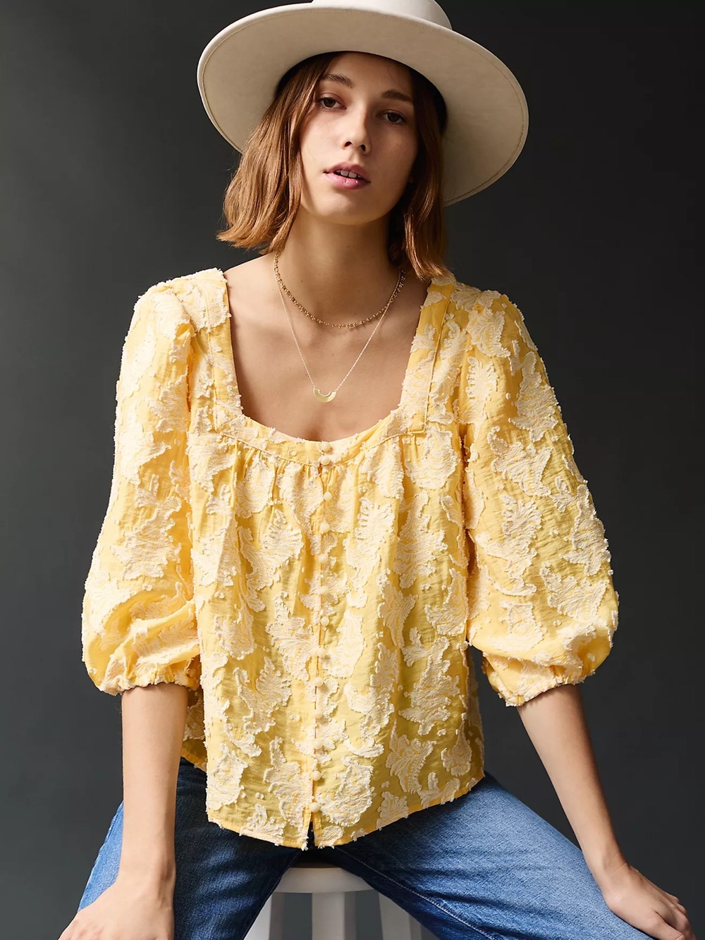 NWT Anthropologie Yvonne Textured Buttondown Blouse Yellow White S Small